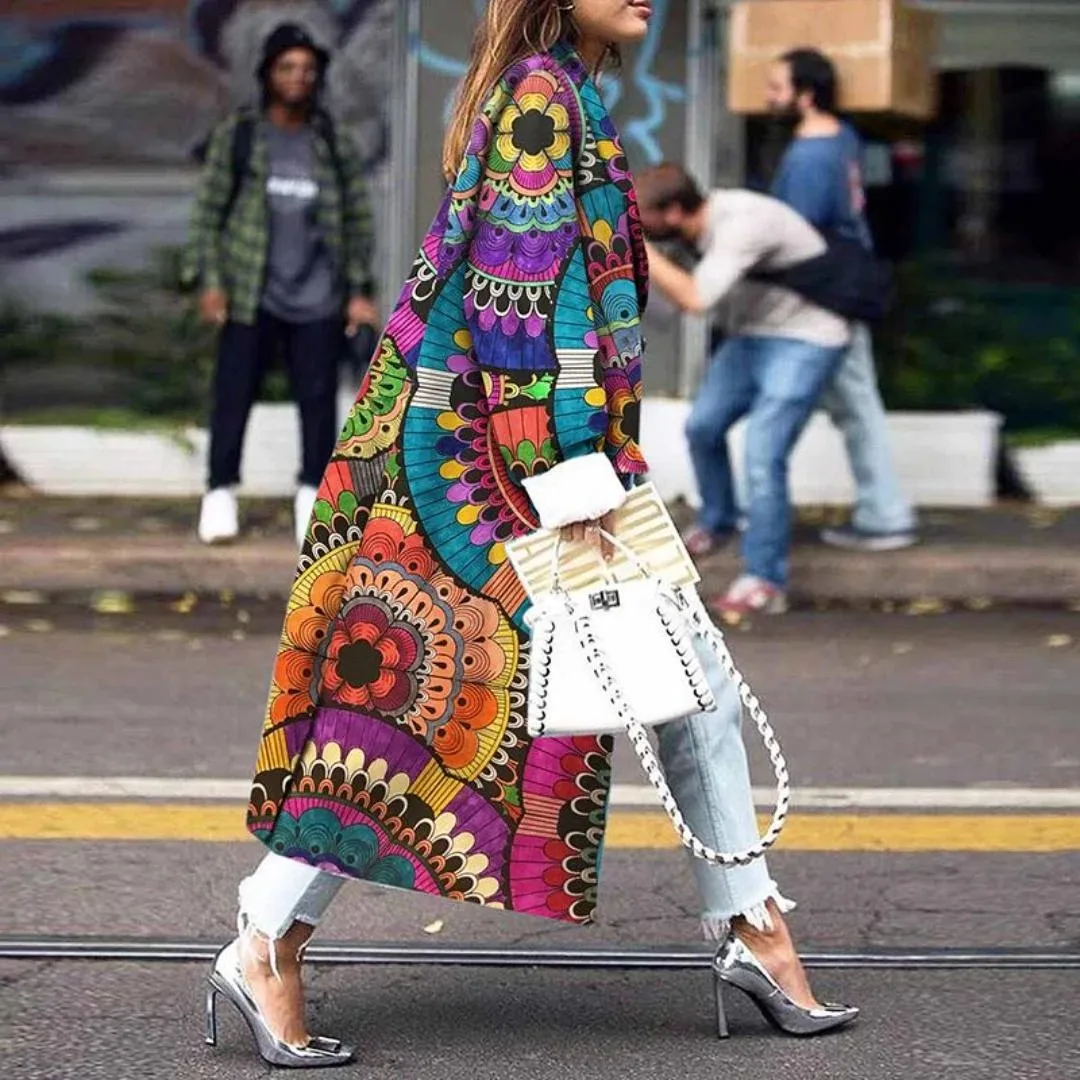 

Urifens Turn Down Collar Retro Overcoat 2021 New Floral Print Double Breasted Long Trench Coat Women Loose Outcoat LN06U