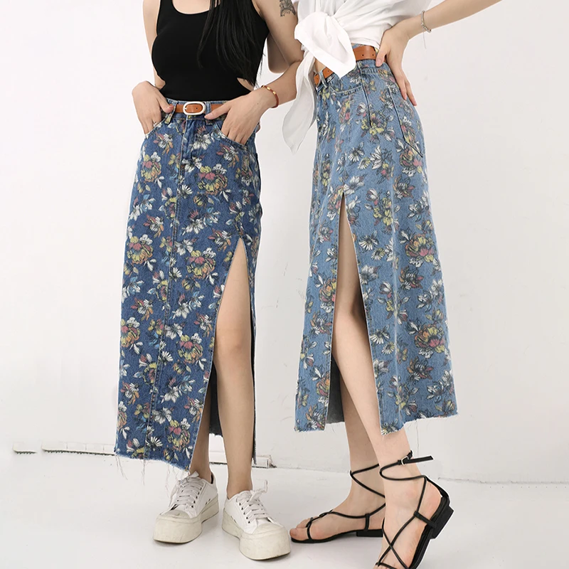 

SHENGPALAE Personality Floral High Waist Skirt Women's Summer 2021 New Thin Streetwear Mid-calf Split Skirts Female Tide 5E1356
