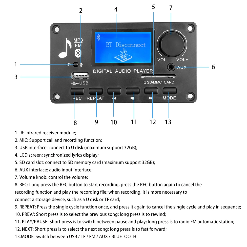 Плата mp3-декодера 12 В Micro USB FM AUX Bluetooth поддерживает запись вызовов | Электроника