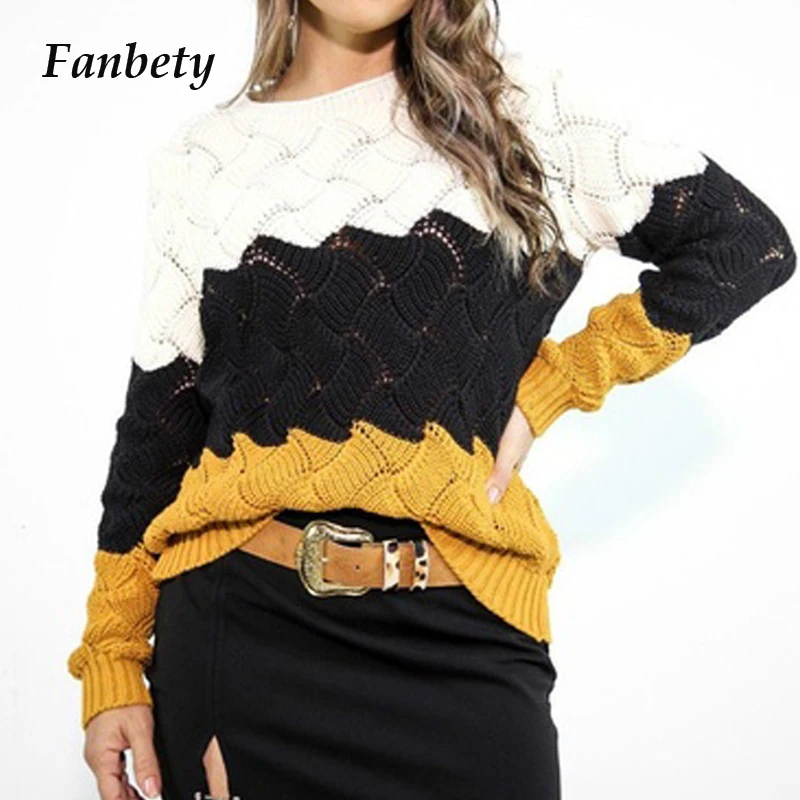 Женские вязаные свитера с вырезами крест-накрест Осенние повседневные Лоскутные