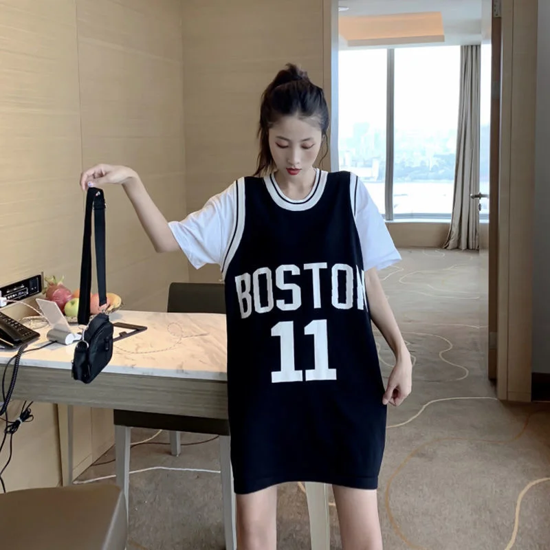 

Bf Style Basketball Knitted Vest Women's Loose Jacket Korean Style Elegant Ball Suit Medium Length Sleeveless Top