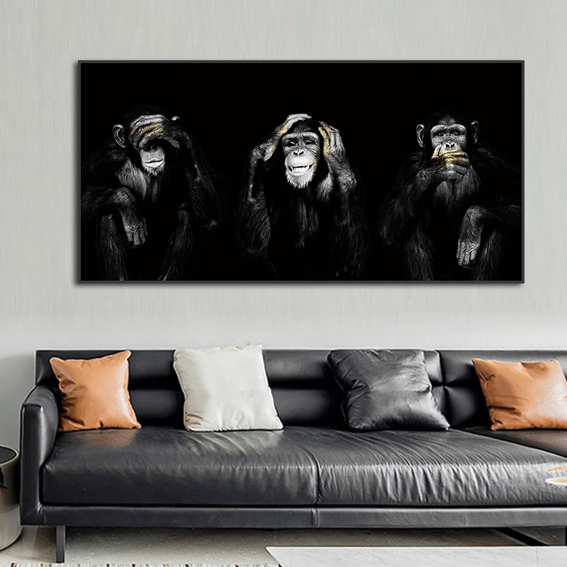 3 обезьяны черная Картина на холсте с юмором современное искусство животные