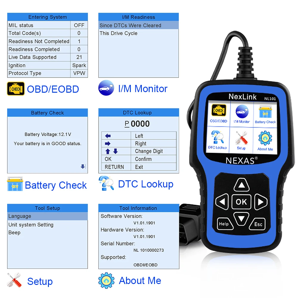 NEXAS NL101 OBD2 сканер автомобильный считыватель кода двигателя тестер батареи