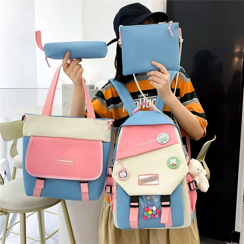 

4-piece Set Fashion Women's Backpack Trend Badge Canvas School Bag For Girls Cute Pendant Contrast Color Shoulder Bags Scoolbags