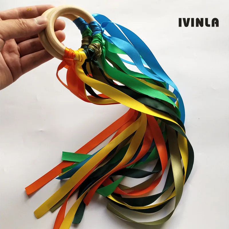 

20 шт./партия желтая лента с пятнами деревянное кольцо лента Вальдорф с колокольчиком наручный воздушный змей игрушка для сувениры для вечеринки ко дню рождения