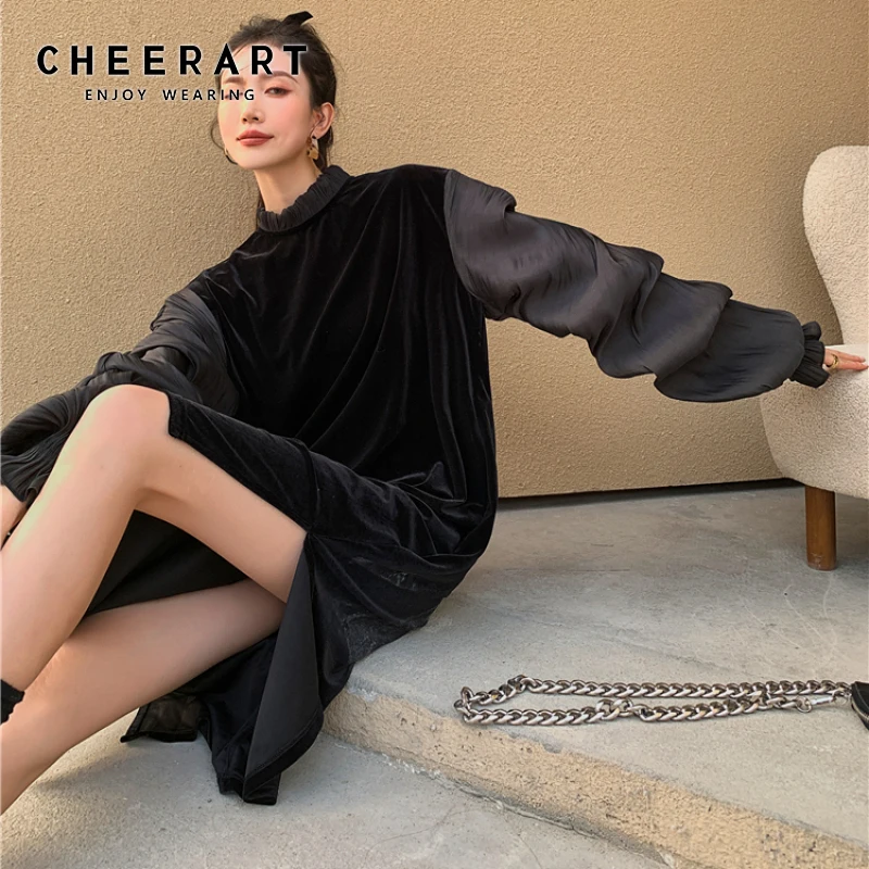 

CHEERART Black Velvet Puff Sleeve Vintage Long Dress Women 2021 Spring Autumn Side Split Ruffle Neck Long Sleeve Ladies Dress