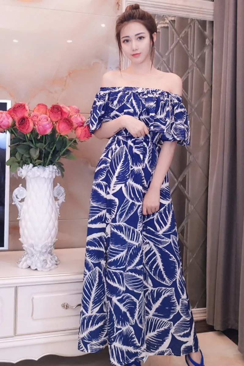 

Summer Women Ruffled Short-sleeved Sexy Split Off The Shoulder French Vintage Print Beach Midi Dresses Backless Sexy Vestidos