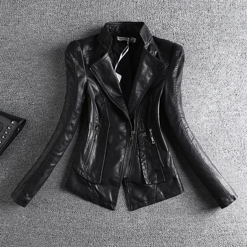 Korean Style Pu Leather Jacket Women 2021 New Long-Sleeved Slim Slimming Motorcycle Leather Jacket Female Tide Zipper Pocket B28