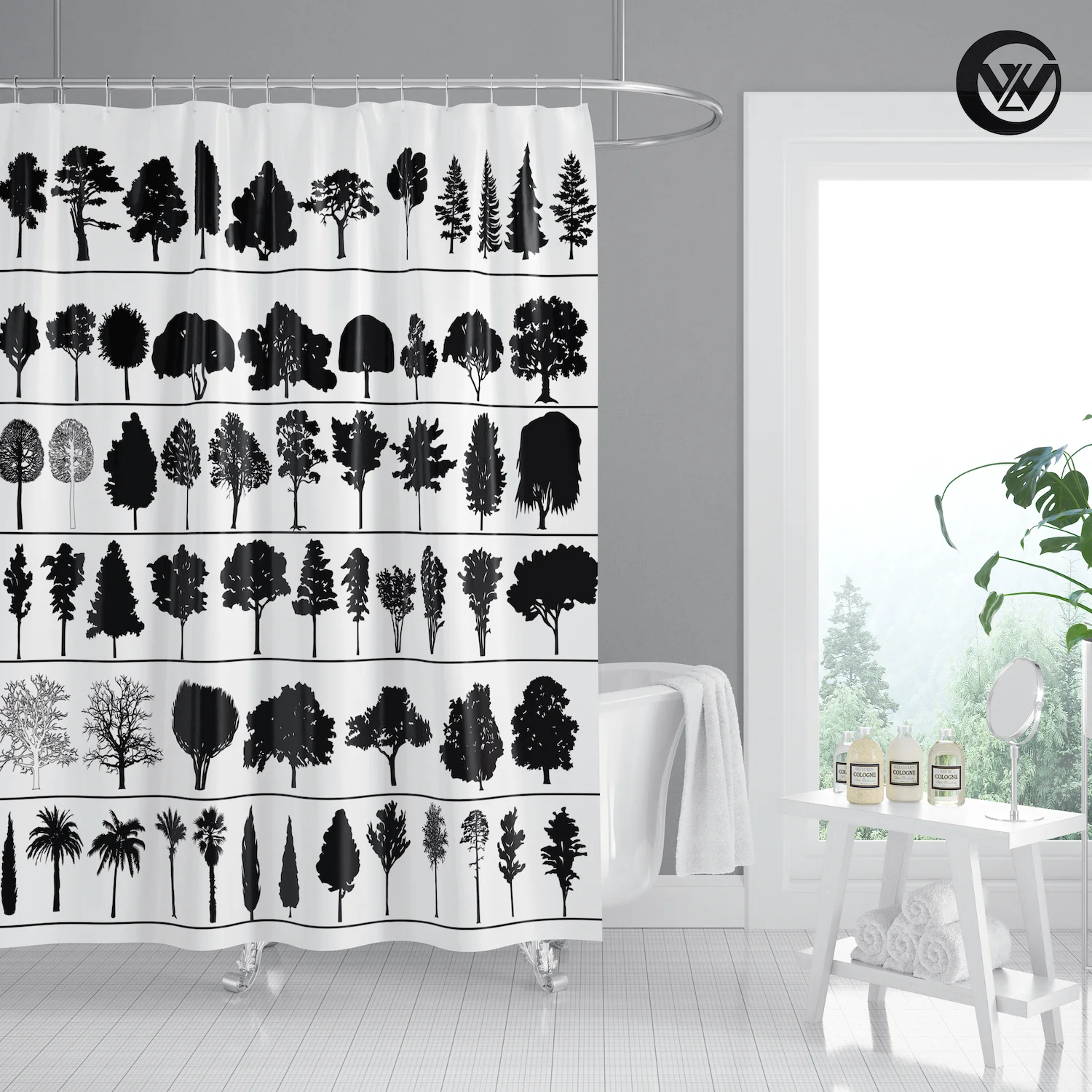 New Modern Print Creative Tree Silhouette Black Shower Curtain Liner,
Fancy Polyester Plants Children Bathroom Curtain With Hook