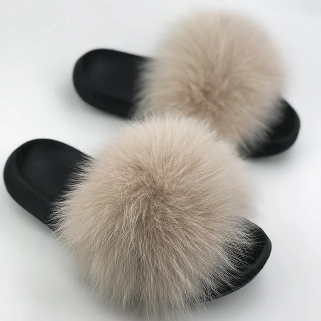 

2020 Real Fox Slippers Kids Winter Fur Home Slides Girl Flop Flips Raccoon Fluffy Cute Flats Beach Children slippers Boys shoes