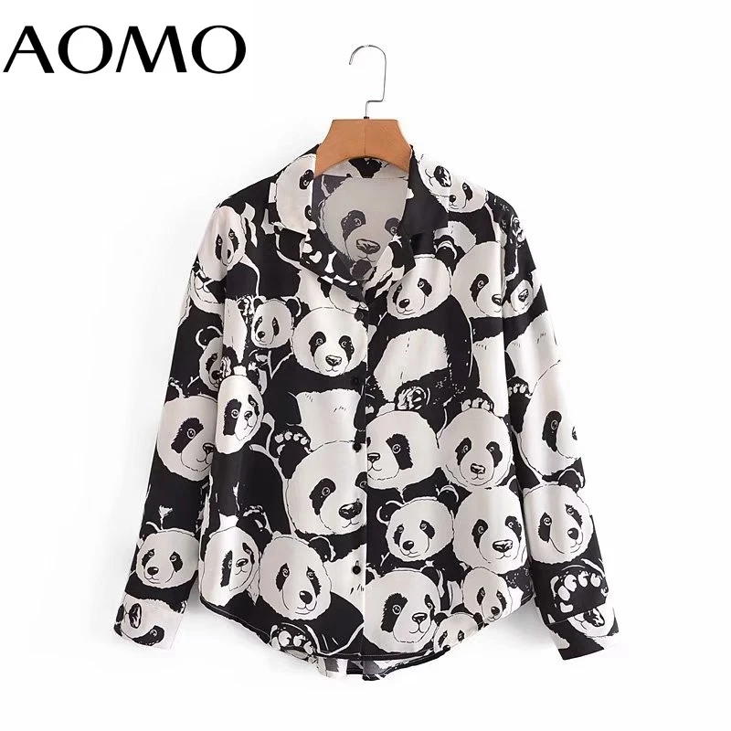 

AOMO Women Retro Oversized Panda Print Blouse Long Sleeve Chic Female Casual Loose Shirt Blusas Femininas 2G35A