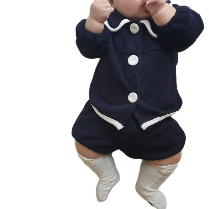 

Коллекция 2021 года, весенне-осенний хлопковый костюм для малышей, темно-синий топ + штаны с принтом хлеба комплект одежды из 2 предметов для но...