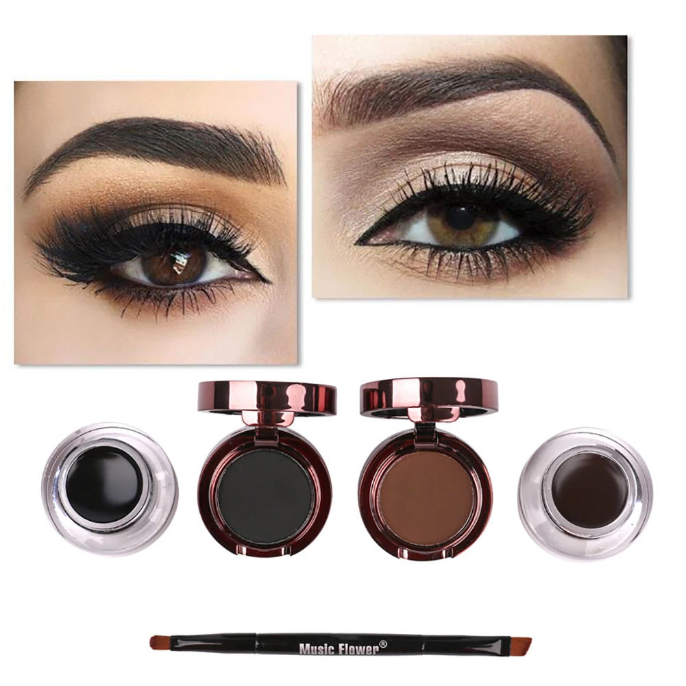 

4in1 Gel Eyeliner And Eyebrow Powder Kit Waterproof Eyes Makeup With Brush Long Lasting Cream Eyeliner Eyebrow Set(Brown+Black)