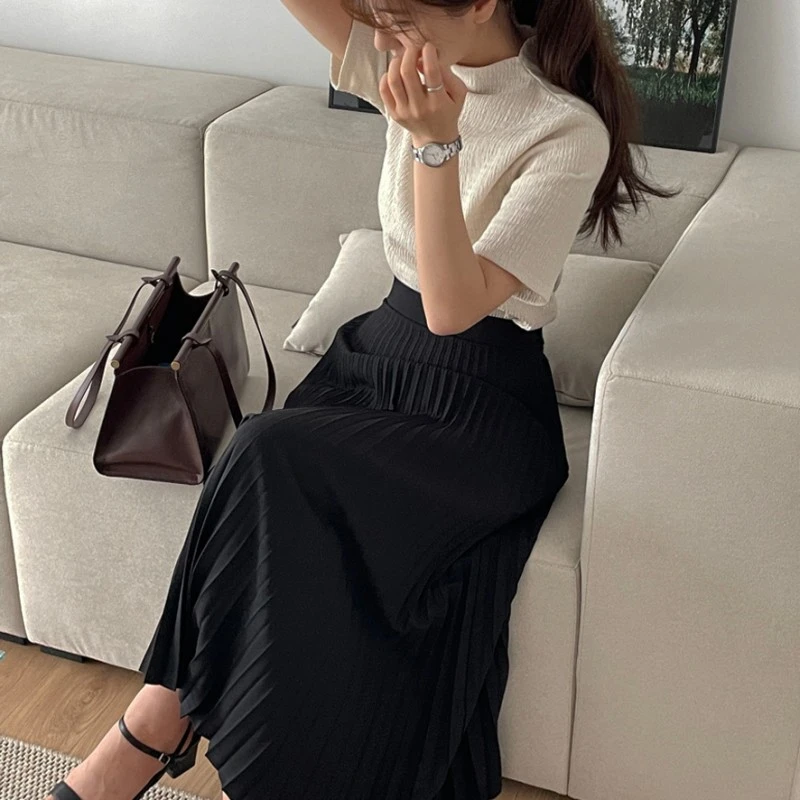 

Korean Chic Half Turtleneck Pleated Design Younger Short Sleeve T-shirt + Pleated Skirt Slimming Two-Piece Set