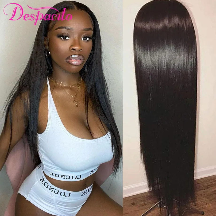 

Peruvian Human Woman Hair Wigs Straight Lace Closure Middle Part Natural Wig T Part Lace 5x1 Pre Plucked 150 Density Despacito