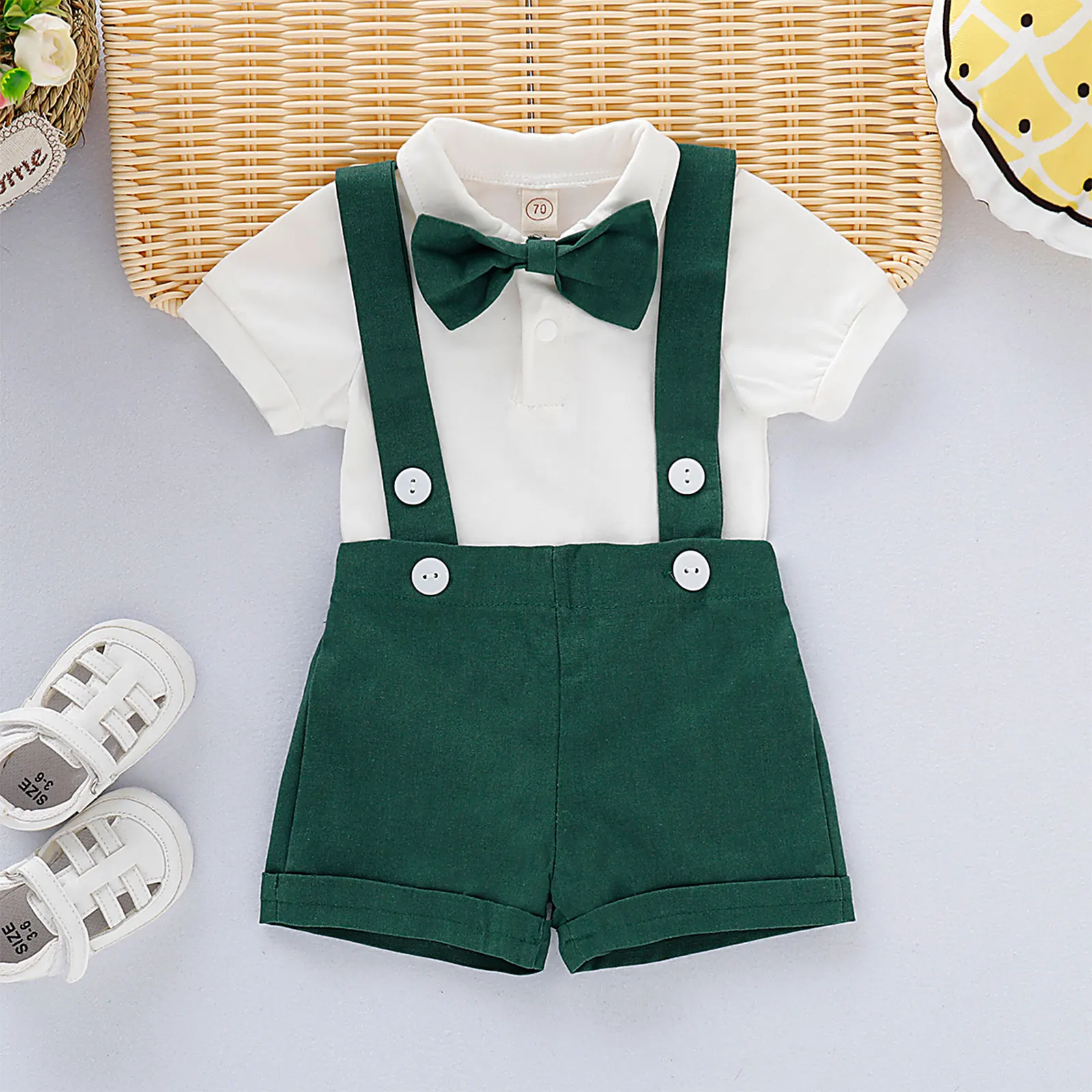 0-24 Months Clothing Sets 3 Pcs Newborn Solid Color Outfits Baby Boys Short Sleeve Lapel Romper + Suspender Pants Bow Tie |