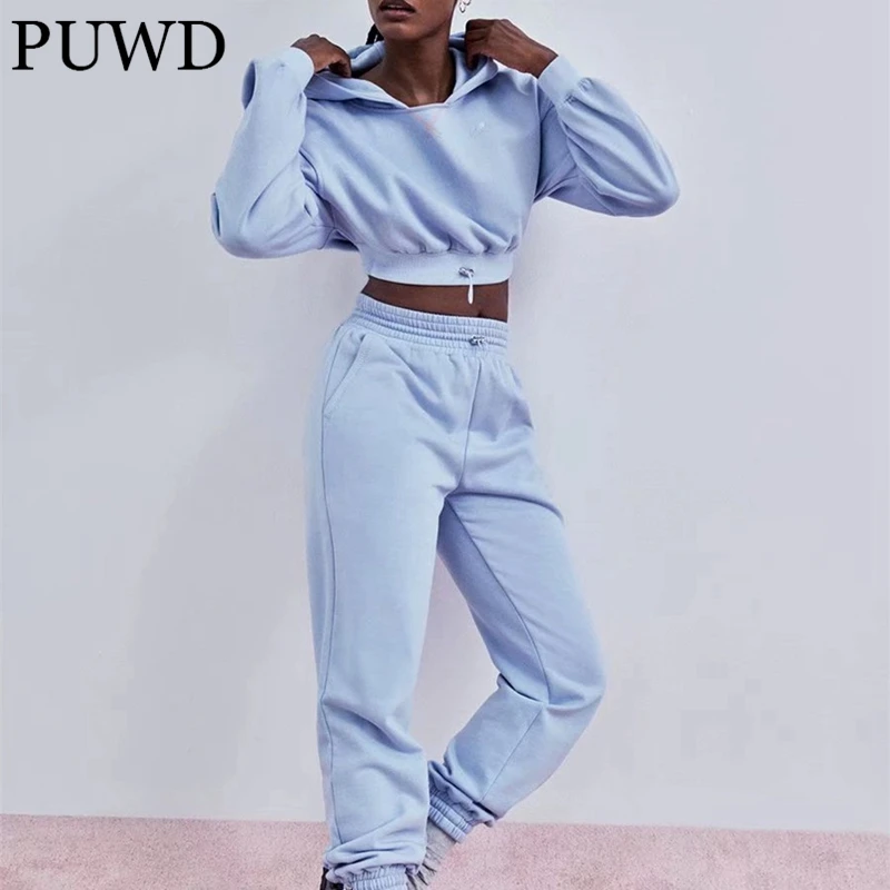 

PUWD Casual Women Fleece Jogging Suits 2021 Autumn Fashion Ladies Streetwear Two Piece Sets Female Chic High Waist Pants Suits