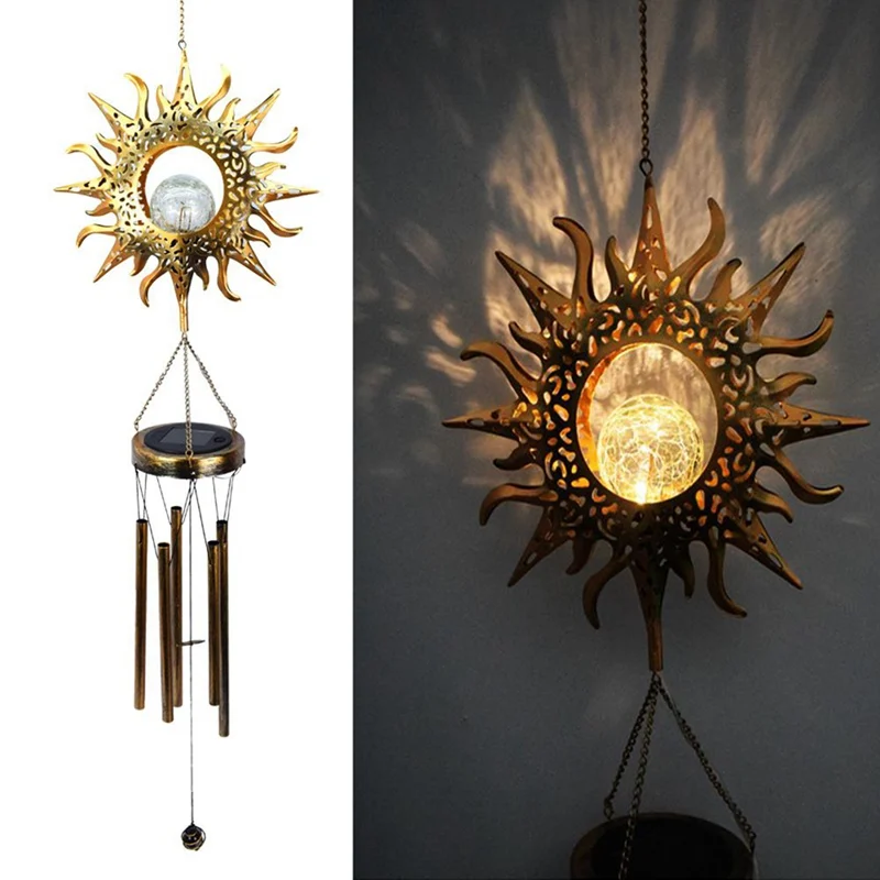 

Solar Wind Chimes Outdoor Hanging Metal Moon Waterproof Wind Chime Lights Crackle Glass Ball Warm LED Lights Moon Decor 2021 New