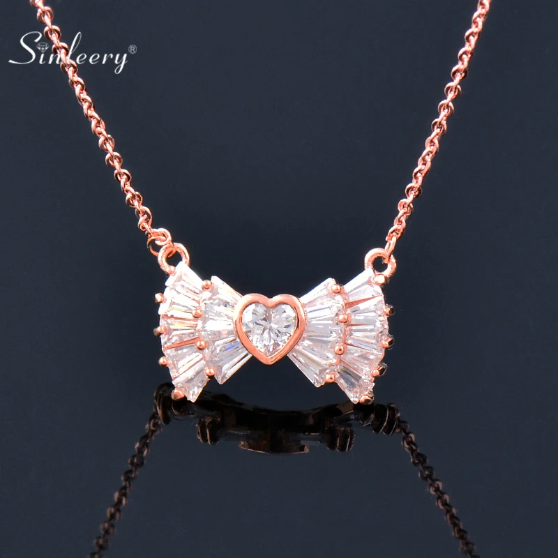 

SINLEERY Sweet Romantic Cubic Zirconia Bowknot Pendant Necklace For Women Rose Gold Silver Color wedding accessories XL150 SSP