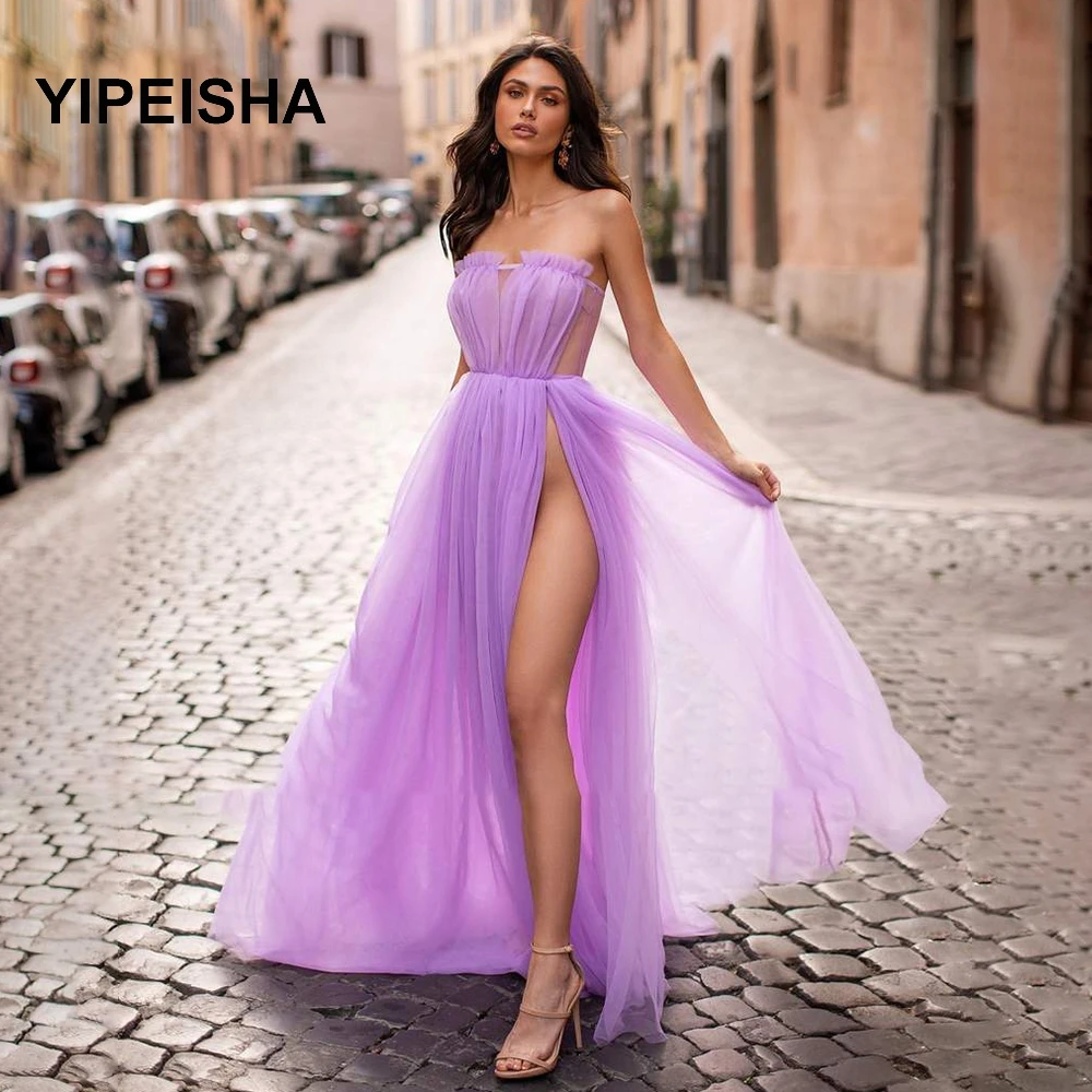 

Sexy Lavender Prom Dresses Strapless High Slit A-Line Party Dresses Sleevless Pleated Tulle See-through Evening Dresses