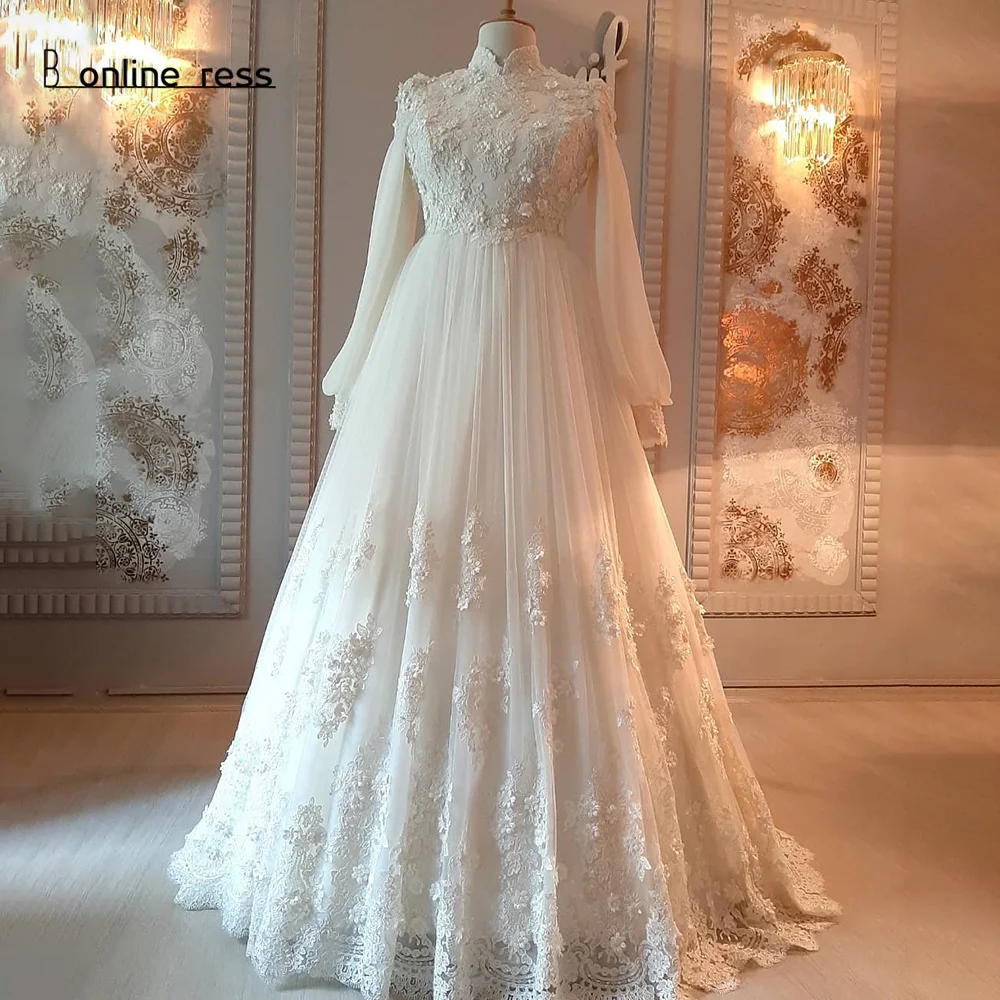 

Bbonlinedress Ivory Lace Moroccan Evening Dress 2021 Appliques Long Evening Formal Dress Sweep Train Elegant Muslim Party Dress