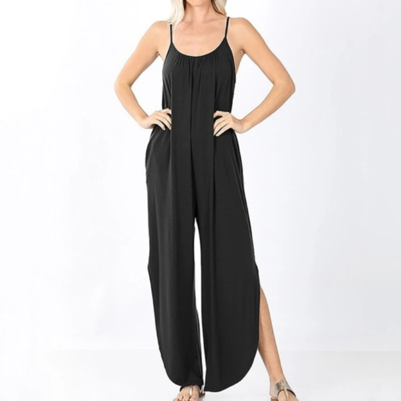 

Women's Jumpsuit O-neck Sling Fashion Solid Color Loose Women's Solid Color Elegant Split Jumpsuit Trousers