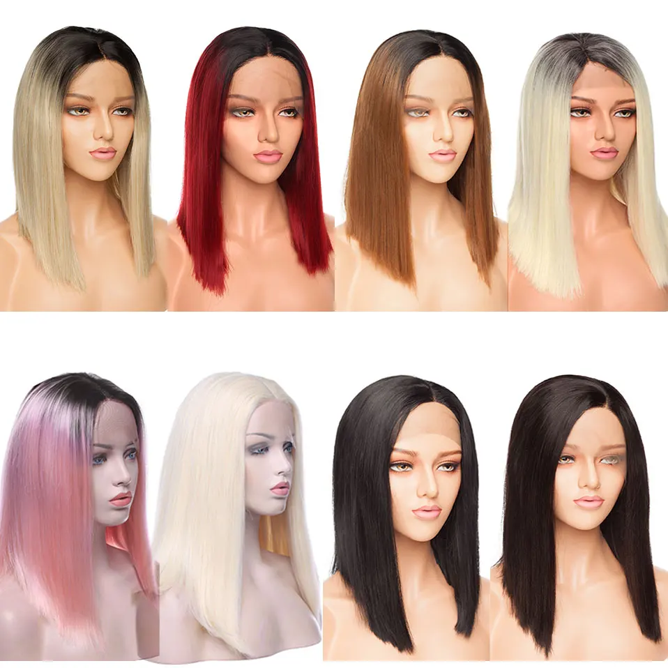 

S-noilite Synthetic Ombre BOB Wig Free Lace Front Wig 14inch Short Wigs Straight Middle Side Parting Wigs Short Wigs For Women