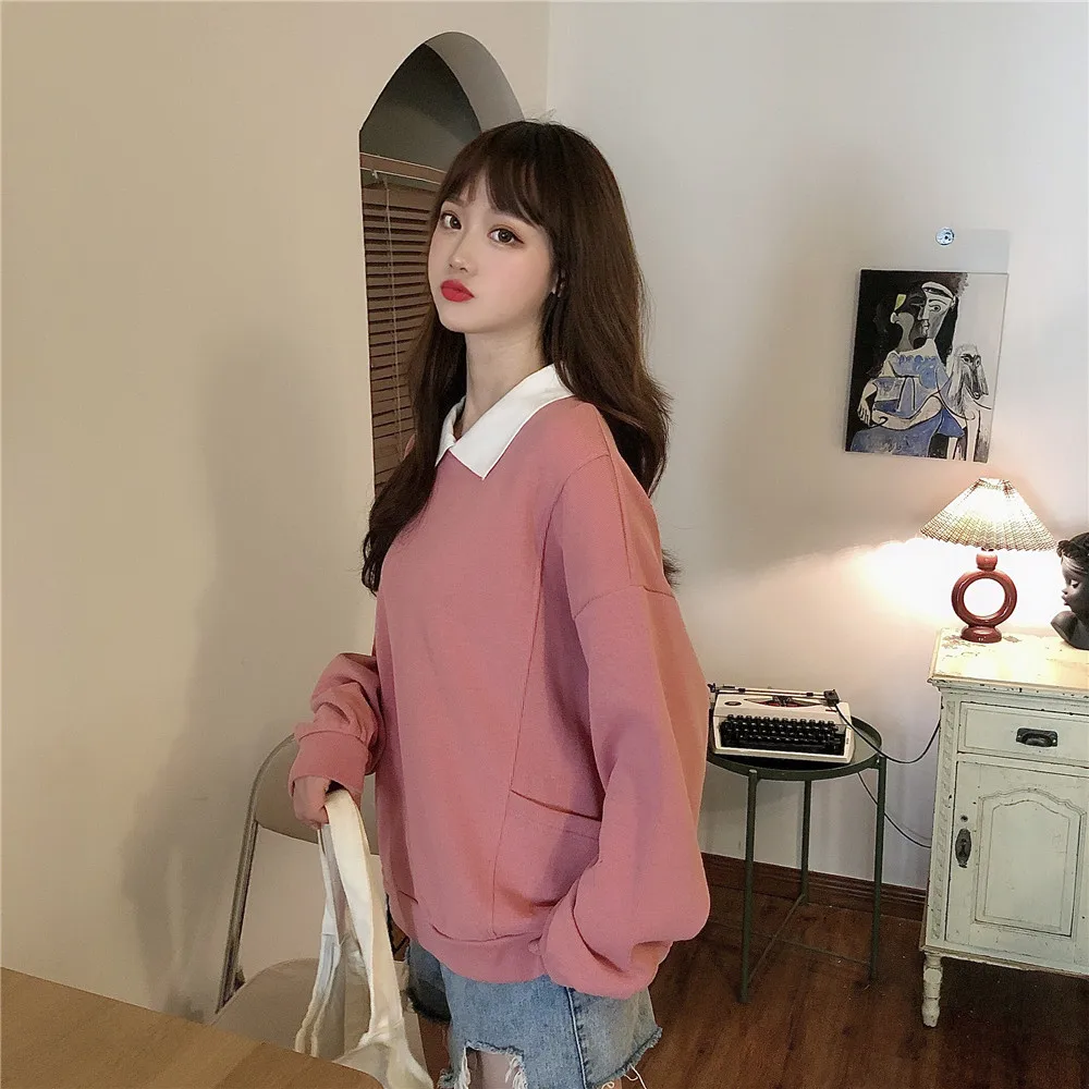 Autumn Oversized Turn-down Collar Sweatshirts Womens Kawaii Long-sleeved Lapel Small Fresh Pullover Hoodies Femmes Sweetshirts