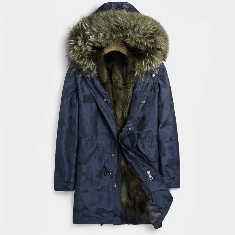 Новая зимняя мужская парка из натурального меха енота средней длины пальто с