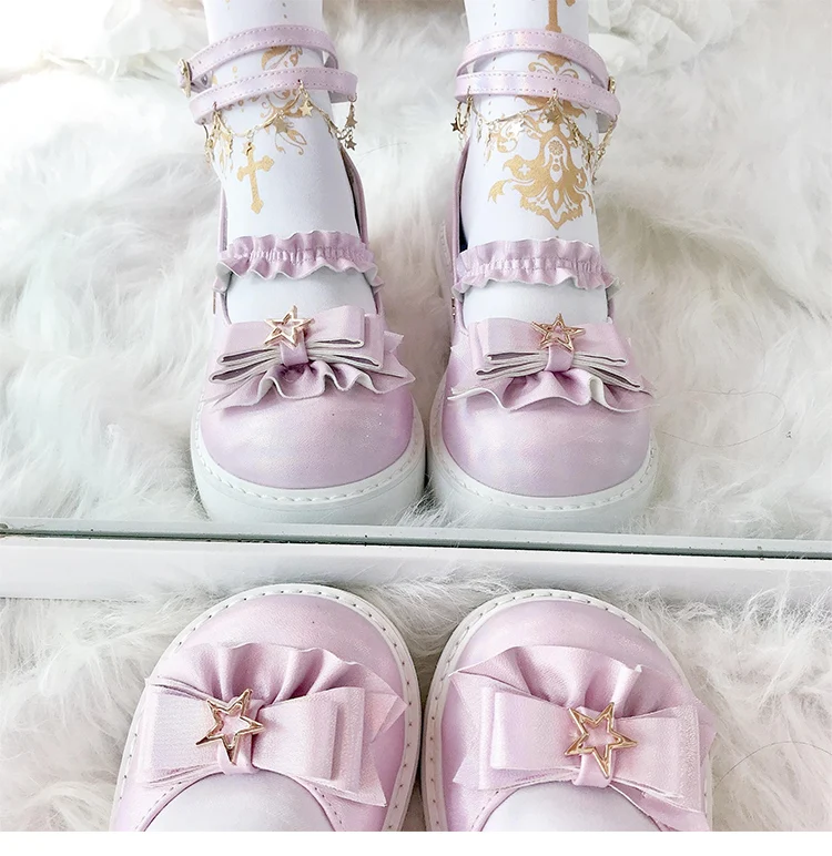 Kawaii для девочек повседневные милые туфли в стиле «Лолита» в винтажном стиле, круглый носок, толстая подошва, женская обувь с кружевными оборками и бантом обувь Kawaii лоли для костюмированной вечеринки