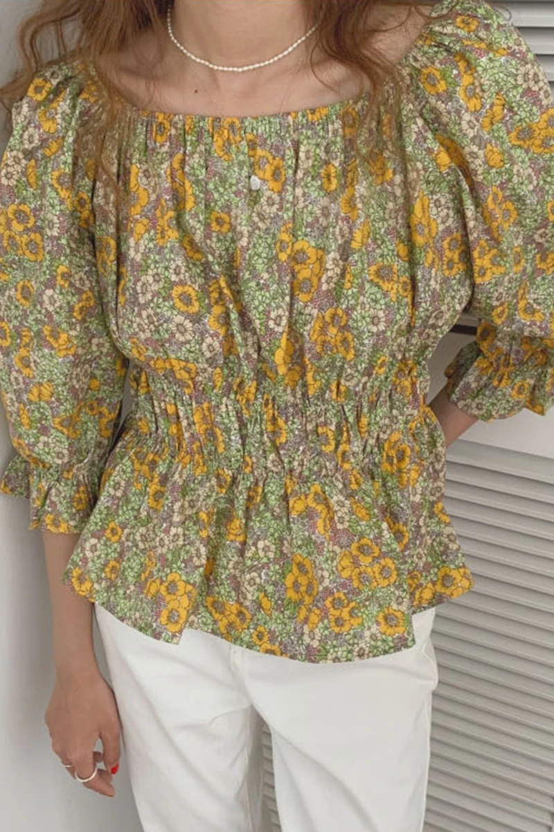 

ZOSOL Chic Fried Chicken with Gentle Floral Recipients Drain Clavicle Thin Waist Ruffles Seven Trumpet Sleeves Shirt