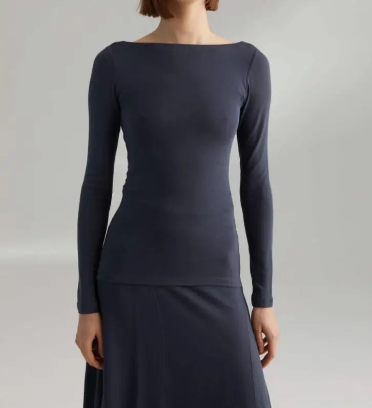 Трикотажные топы [ElfStyle] голубого цвета из вискозы с вырезом лодочкой и на спине