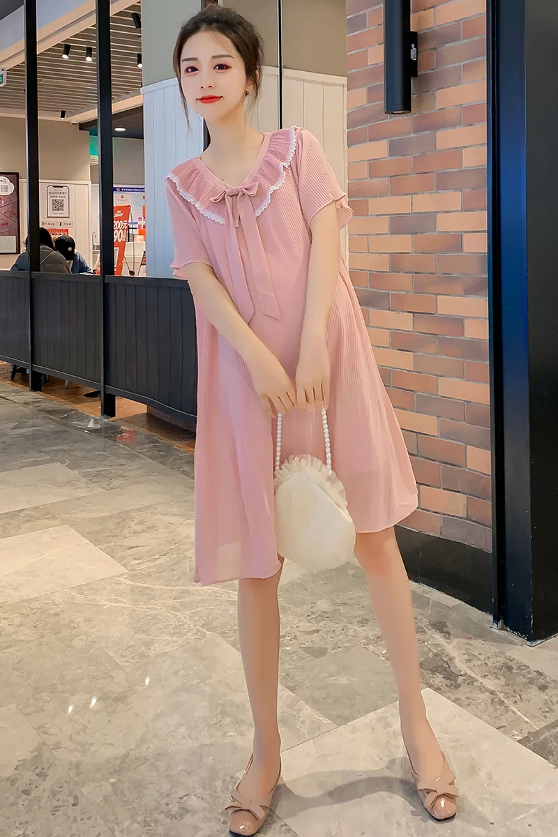

801# Summer Korean Fashion Pleated Chiffon Maternity Dress Sweet Lovely Chic Ins Loose Clothes for Pregnant Women Pregnancy