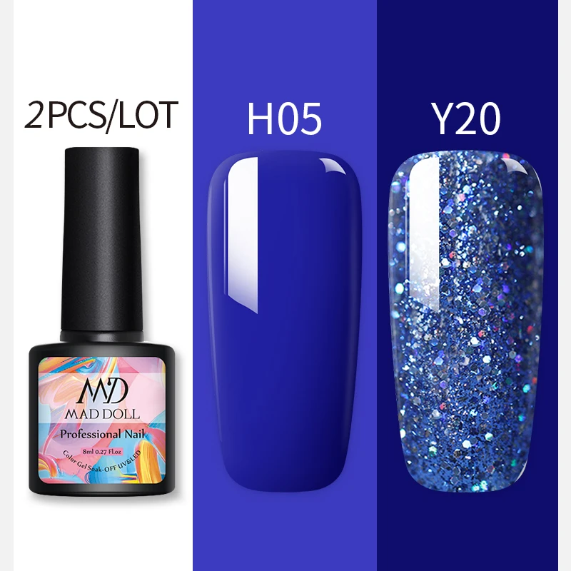 H05Y20 2 бутылки 8 мл MAD DOLL УФ-гель для ногтей чистый цвет и Блестящие Блестки долговечный впитывающий Гель-лак для нейл-арта - Цвет: H05Y20