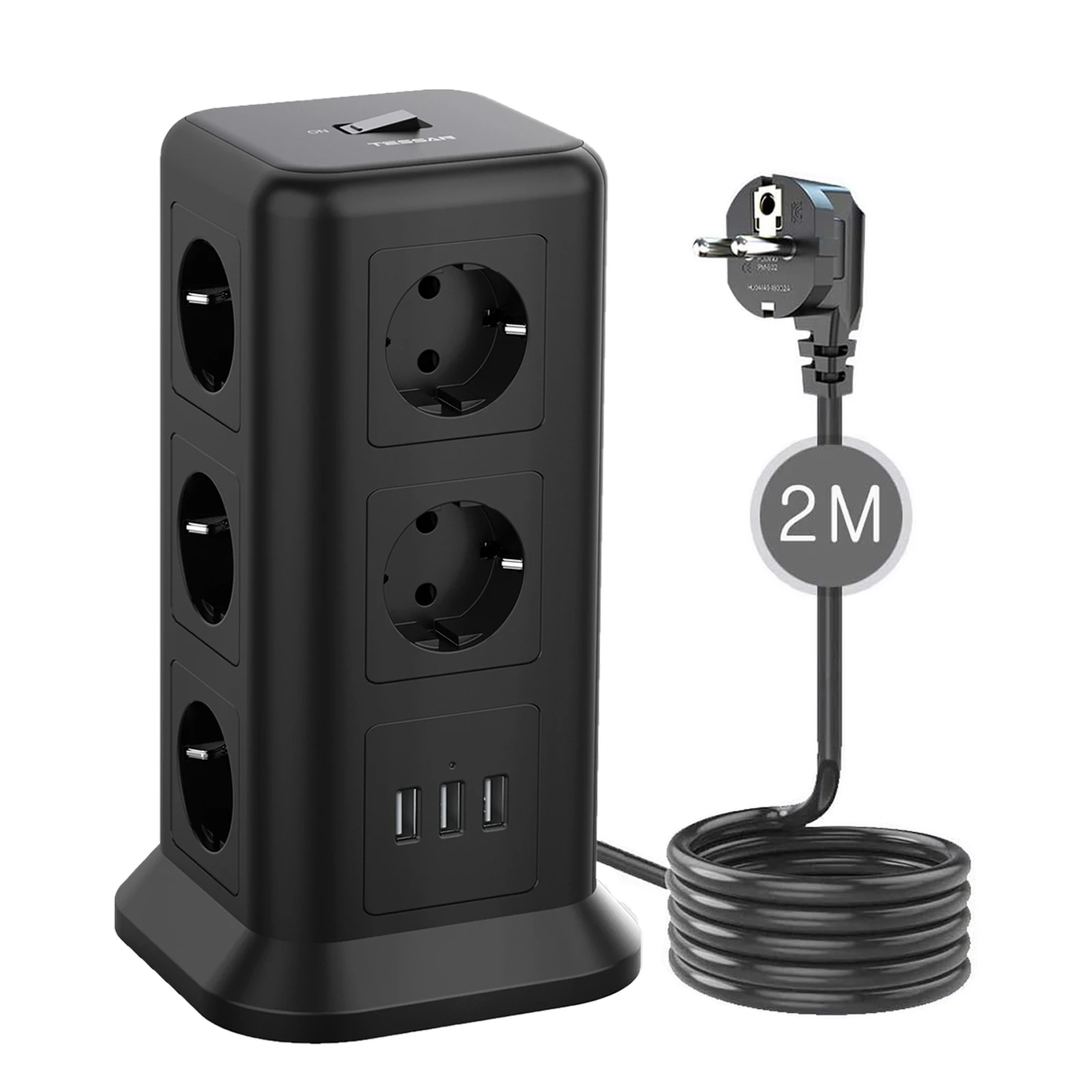 

TESSAN 11-Way Power Strip (2500W / 10A), Multiple Sockets with 3 USB, Overload Protection and ON/OFF Switch for Home, 2M Cable