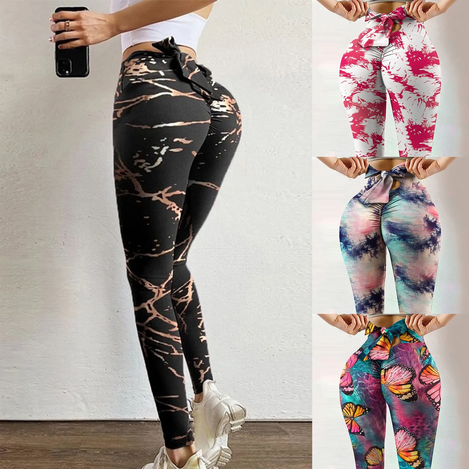 

40# Tie Dye Print Leggings Bow Tie High Waist Women Stretch Strethcy Fitness Seamless Leggings Sweatpants Sports Gym Legging#G