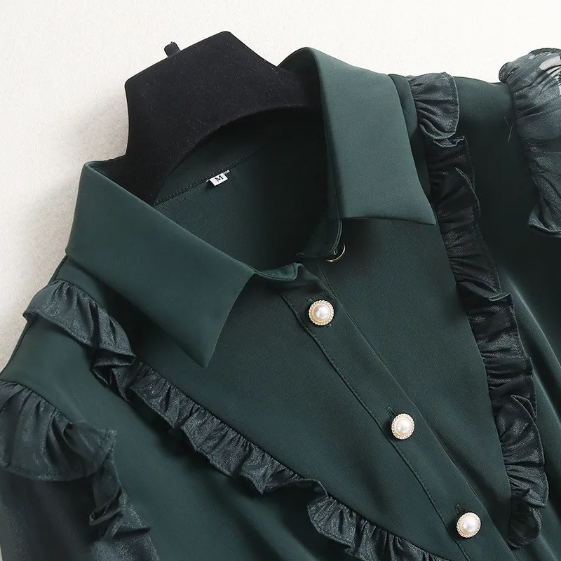 

2021 New Fashion Women Spring Dress Long Sleeve Turn Down Collar Ruffles Pleated Robe Femme Solid Mid Calf Casual Vestidos