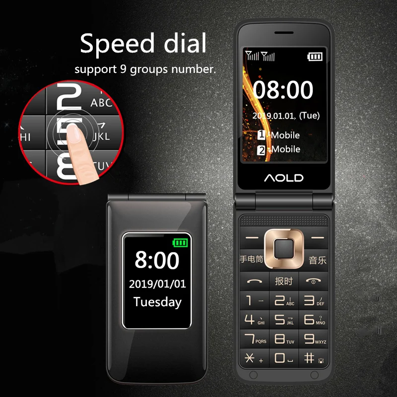 Flip Slim Clamshell Mobile Phone For Old Senior People Speed Dial Russian Key Dual Sim Metal Case Torch Extra Light