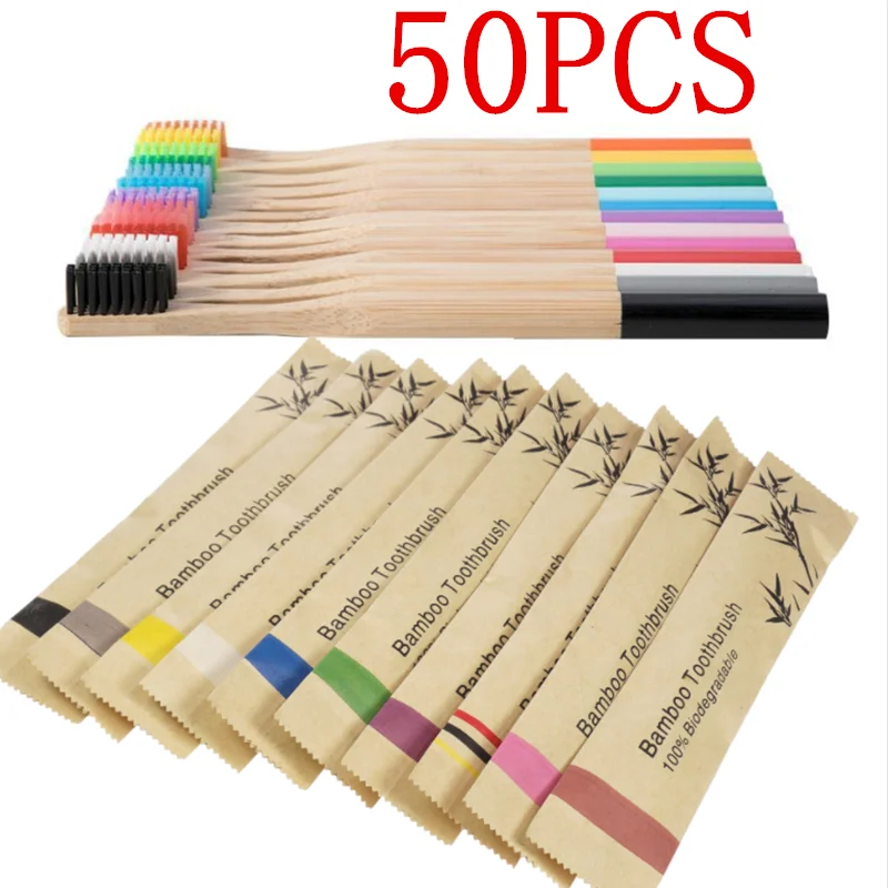 50pcs Bamboo Toothbrush Biodegradable Eco Friendly Natural Wooden Toothbrushes Vegan Organic Bamboo Charcoal Tooth Brush