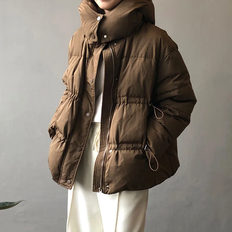 

Solid Double Drawstring Waist Hooded Zipper Up Front Women's Winter Puffer Coat Brown / Black / White