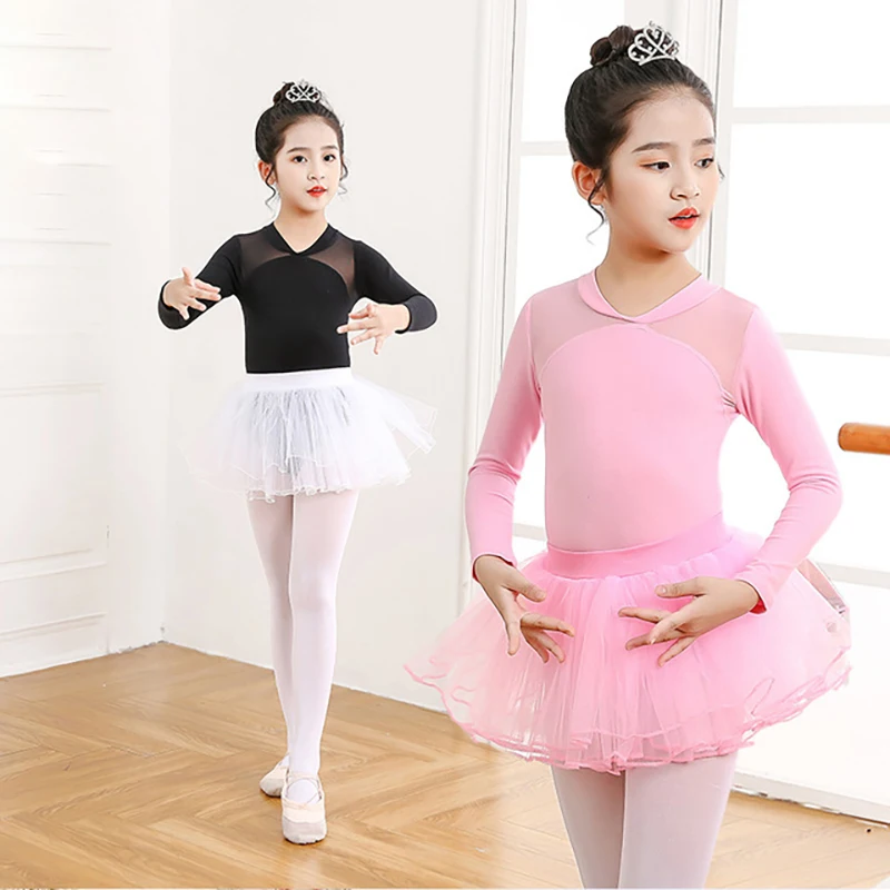 

Girls Pink Ballet Leotard + TUTU Skirt Kids Lace Dance Wear Long sleeve Gymnastics Bodysuit for Dancing Cotton Tulle Costumes