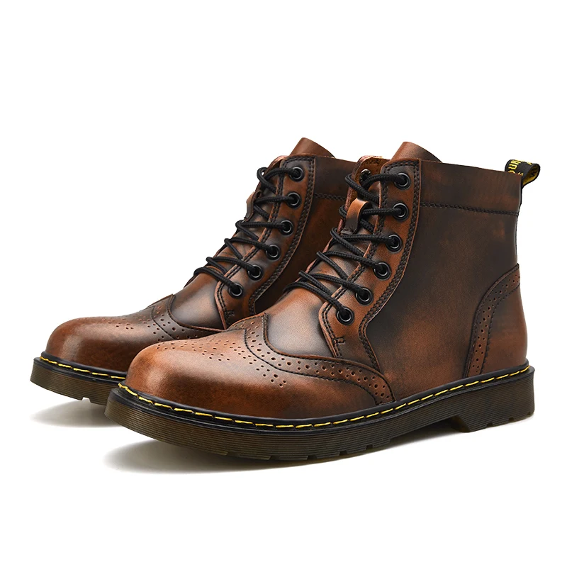

Autumn Winter Retro Red Brogues Boots Men Soft Leather PVC Sole Men Brogue Shoes Casual Comfortable Warm Fur Ankle Boots for Men