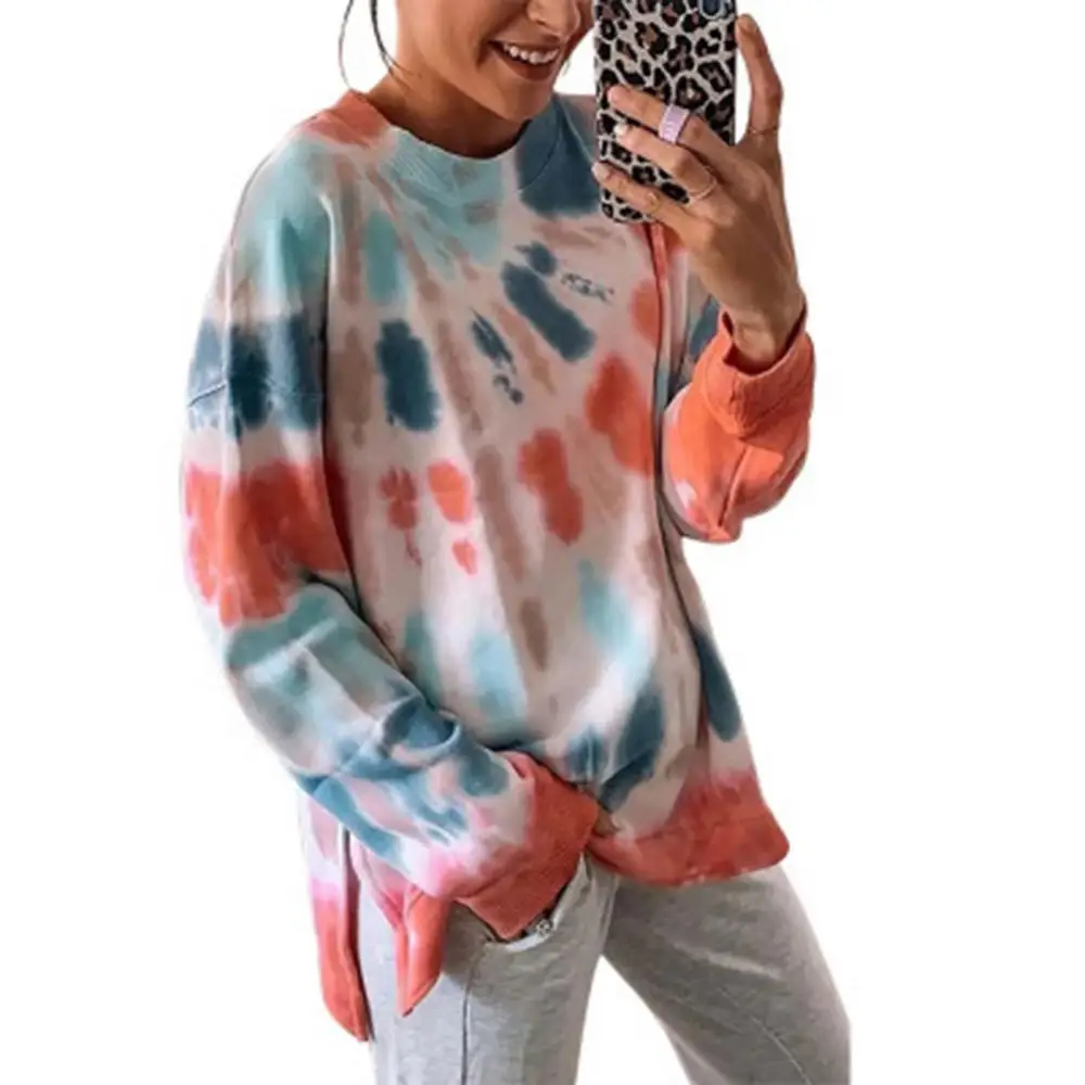 

Women Fashion Long Sleeve Slit Hem Tie Dye Loose Pullover Sweatshirt Blouse