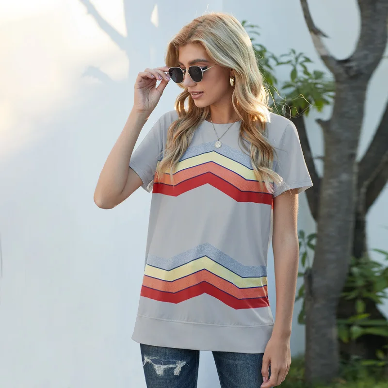 

2021 Summer New Fashion Wave Pattern Short Sleeve T-Shirt Womens Large Size Loose Pullover Casual Top