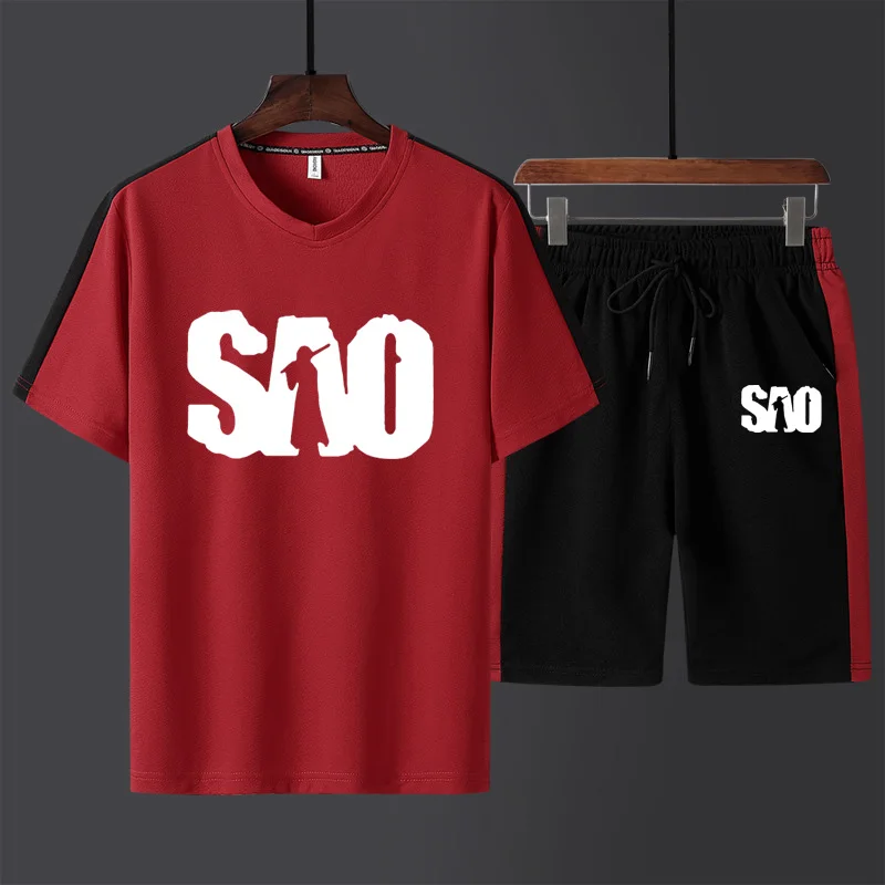 

Summer Mens Short Sleeve Anime Sword Art Online SAO Splicing Cotton High Quality Men's short sleeve+shorts 2-piece set