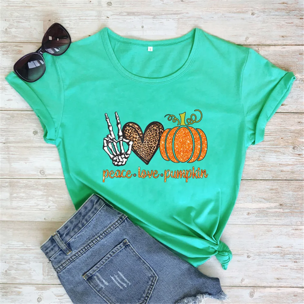 

Peace Love Pumpkin Letter Print Halloween Tshirts for Women Cute Leopard Heart Skull Hand Graphic Summer Oversized 3XL Tees Tops