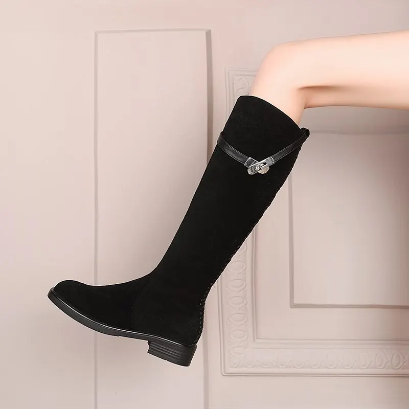 black nubuck leather MORAZORA/ г., новые зимние сапоги модные женские сапоги до колена брендовые кожаные женские ботинки на молнии с пряжкой - Цвет: black nubuck leather