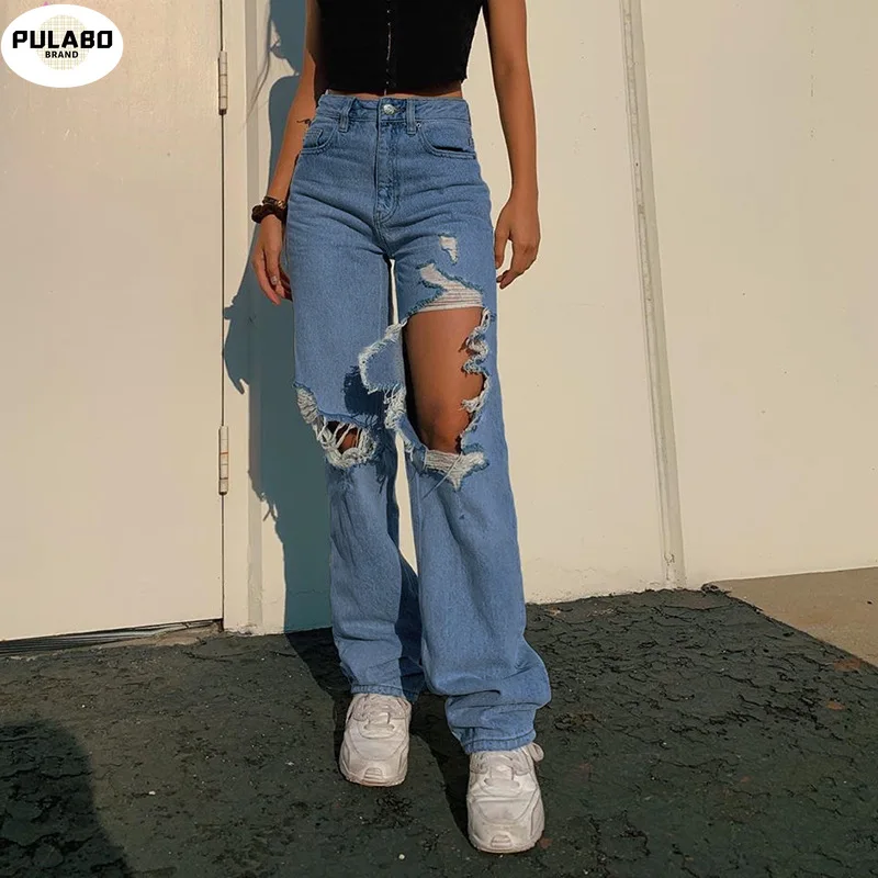 

Streetwear High Waist Women's Fashion Jeans Woman Ripped Hole Women Wide Leg Pants Trousers Female Jean Femme Denim Bagge Jeans