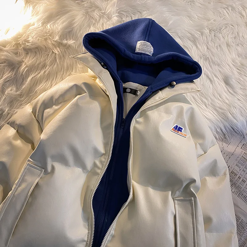 Fake Two-Piece Cotton-Padded Coat Men's Winter Korean Style Loose PU Leather All-Matching Hooded Cotton-Padded Coat Hong Kong