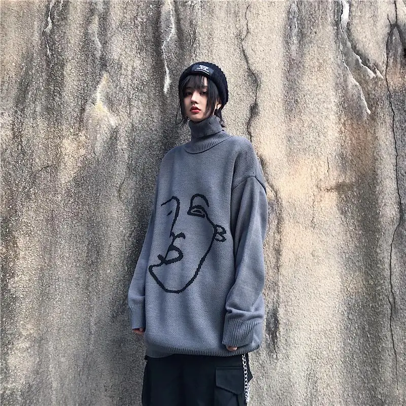 

Autumn Sweater Women Loose Turtleneck Long Sleeve Sweater Oversize Sweater Harajuku Cartoon Sweater Character Pattern Sweater